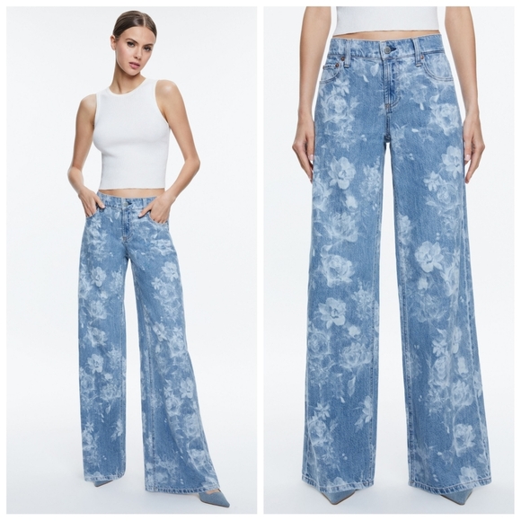 Alice + Olivia TRISH LOW RISE BAGGY JEAN In Lotus Floral Women's 31 Blue White. - Picture 1 of 13
